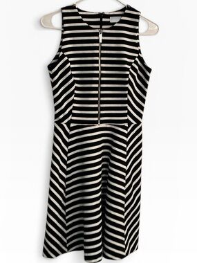 MICHAEL Michael Kors Black and White Striped Sleeveless Dress with Front Zip